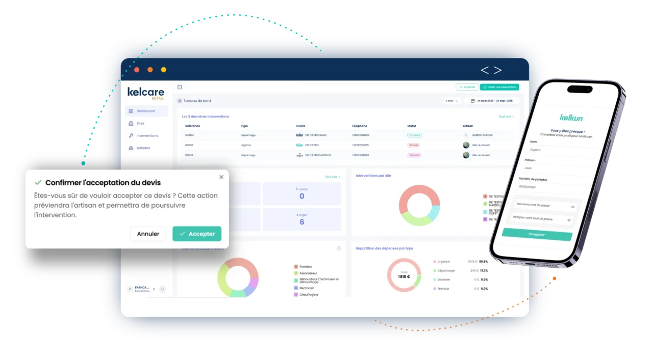 Kelcare Facility sur ordinateur et mobile : validation d'un devis, suivi des interventions et analyse des coûts